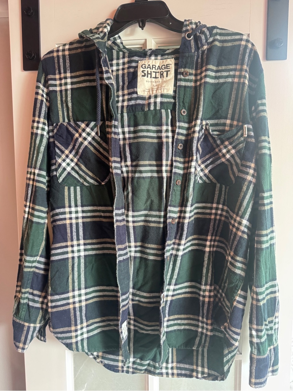 Garage Green and Navy Plaid Hooded flannel Shirt